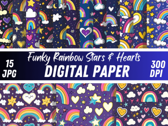 Download Funky Rainbow Stars Hearts Paper Pattern - Funky Collection